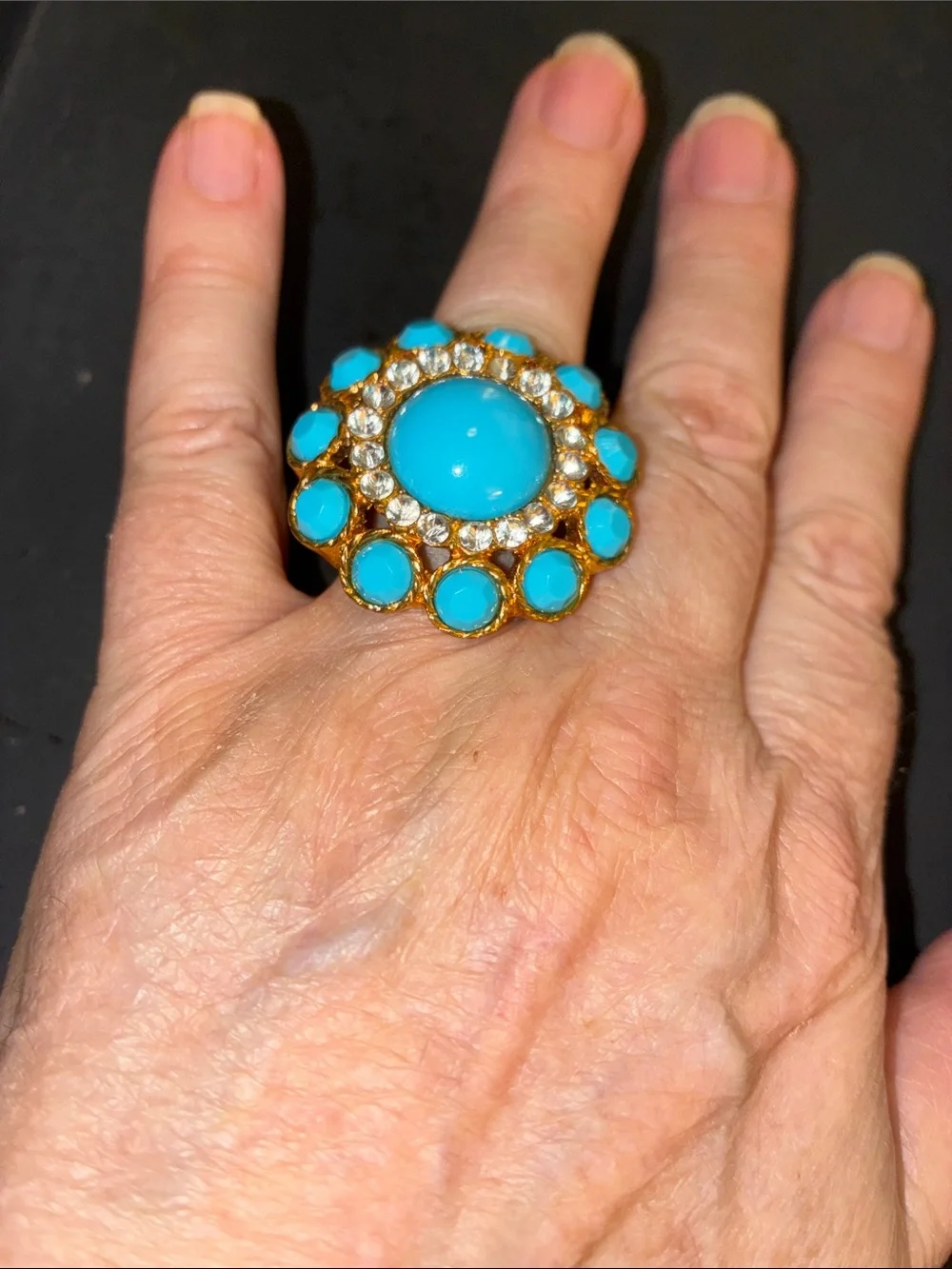 Turquoise Cabochon Statement Ring with Surrounding Clear Crystals